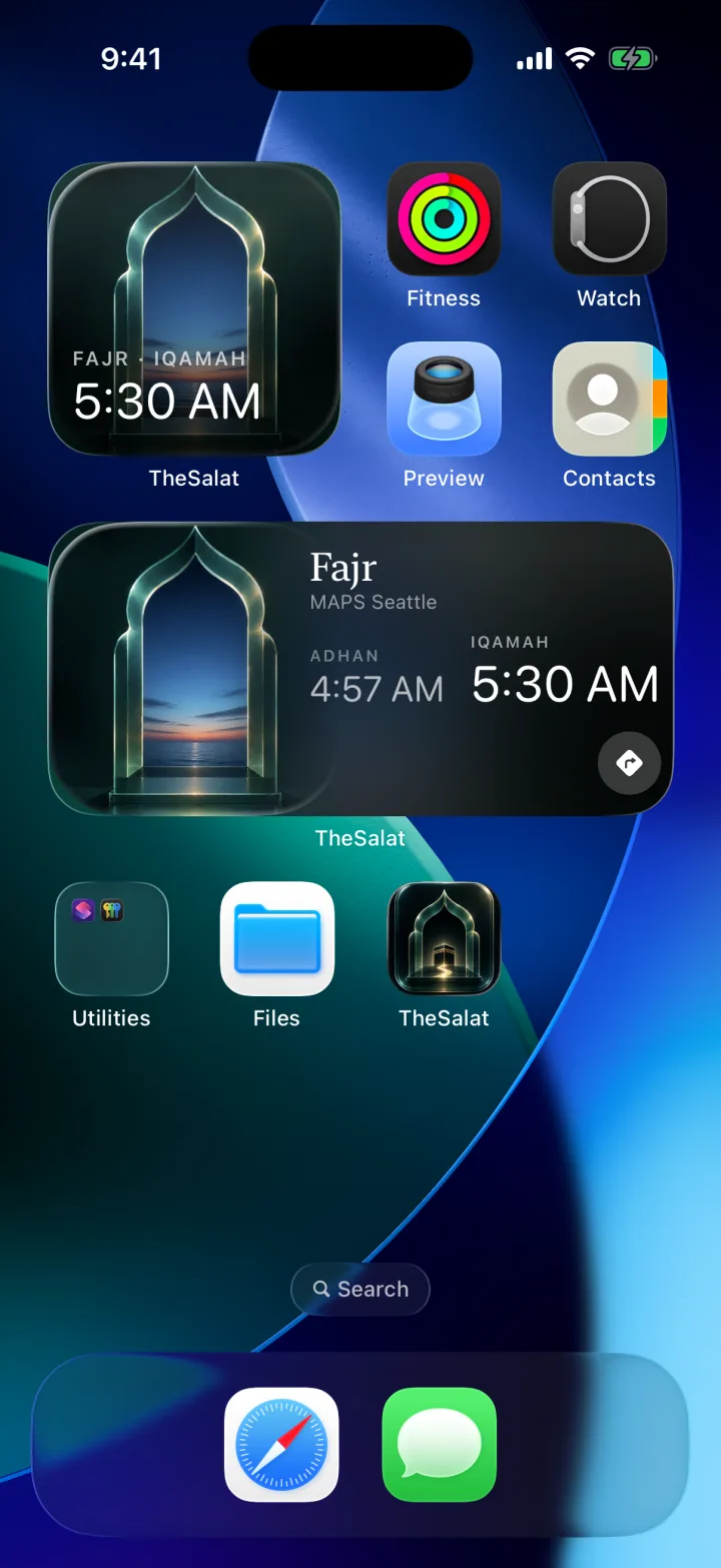 An iPhone home screen carrying both The'Salat widgets: the small one showing the next iqamah, the medium one adding the masjid, the adhan and a Directions button
