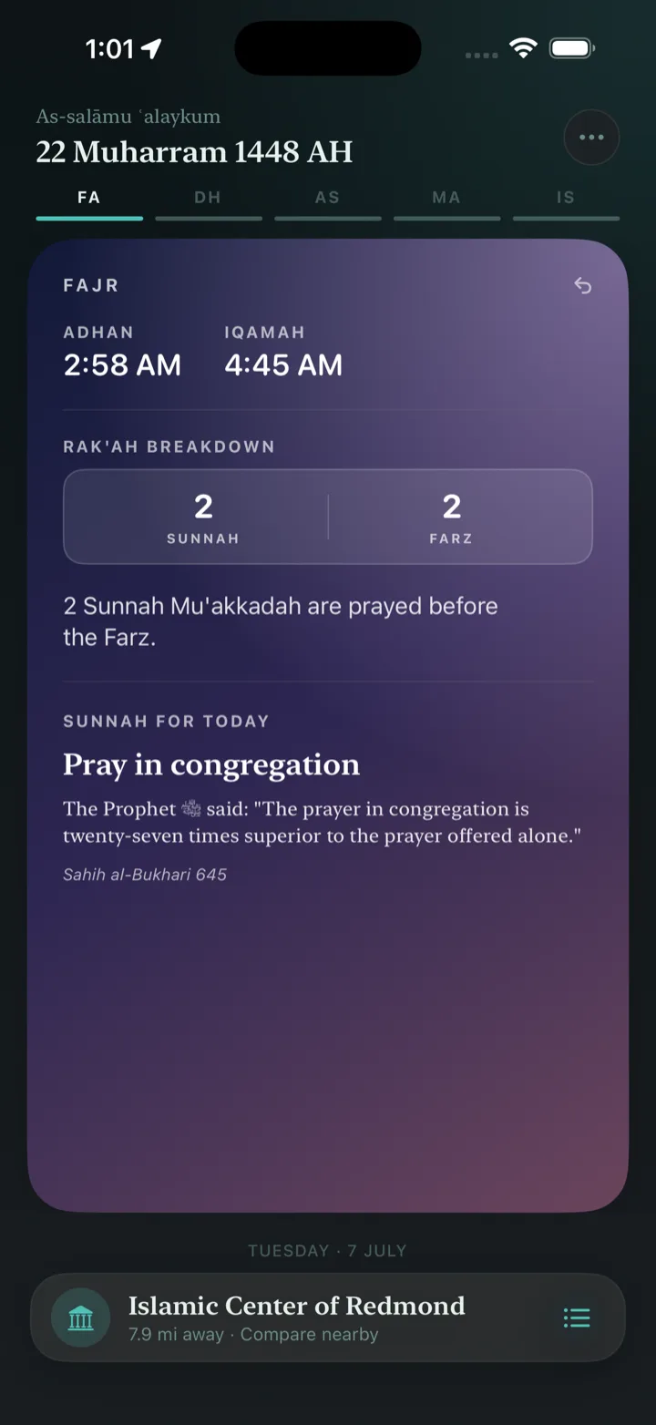 Prayer card back showing rak'ah breakdown and the sunnah of the day with its hadith reference