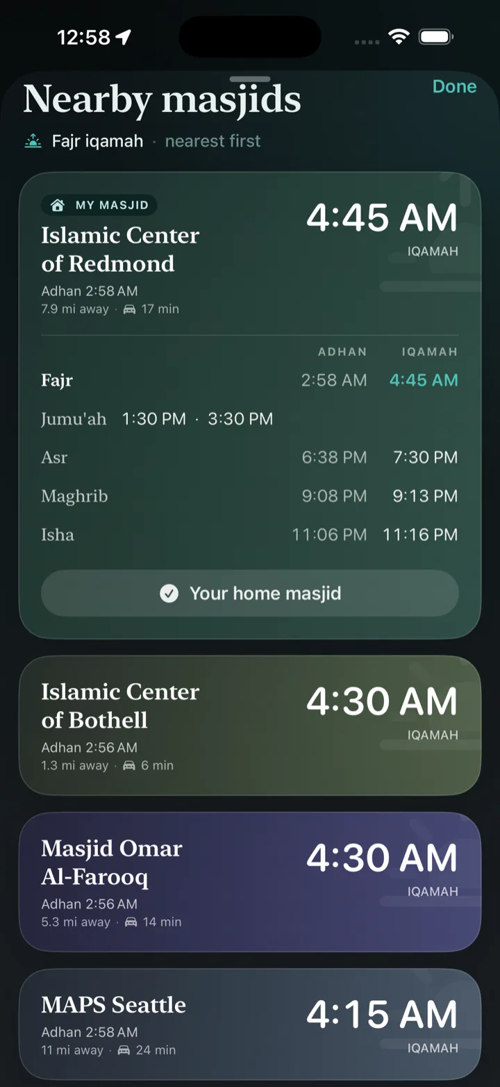 Expanded masjid card showing adhan and iqamah columns for all prayers including Jumu'ah