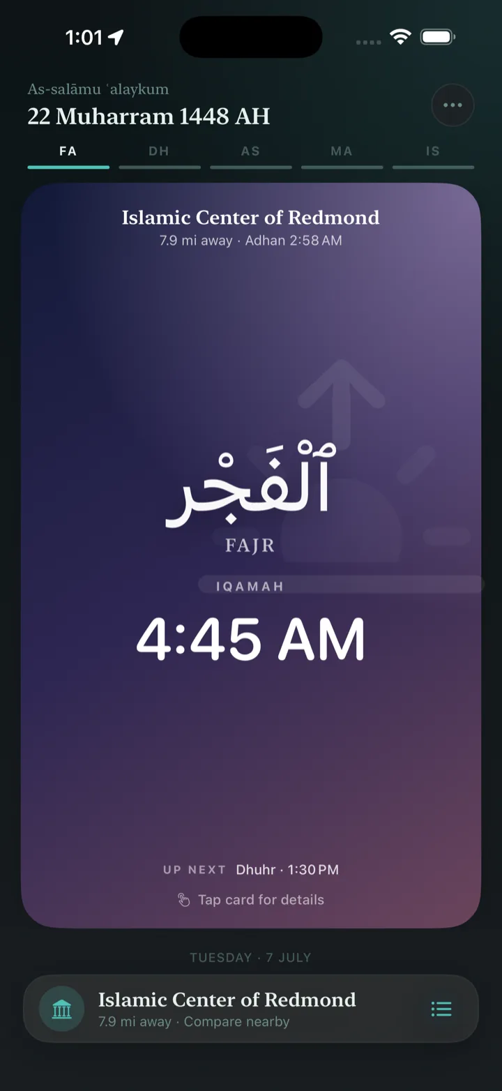 Salat home screen at Fajr: the prayer card with the masjid's iqamah time