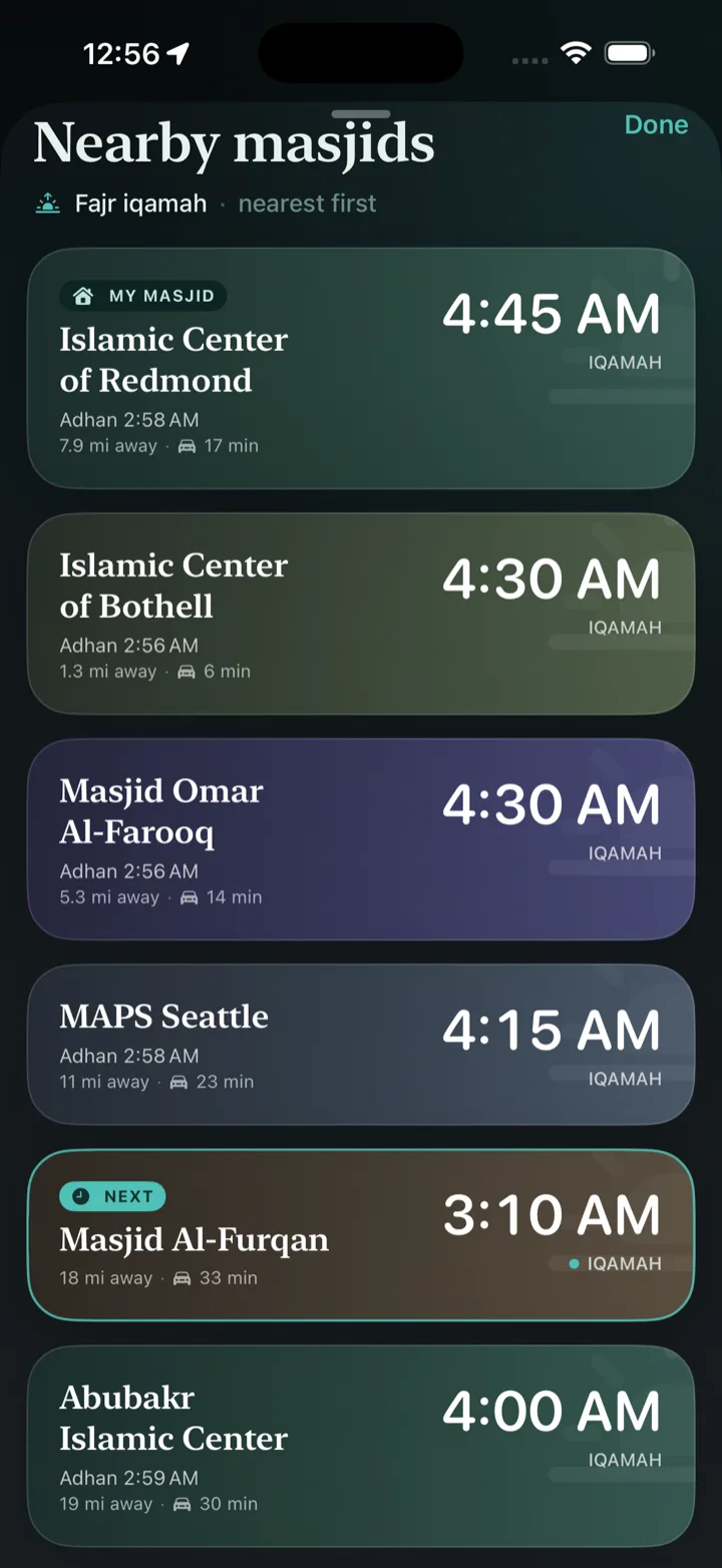 Nearby masjids list comparing iqamah times with distance and drive time