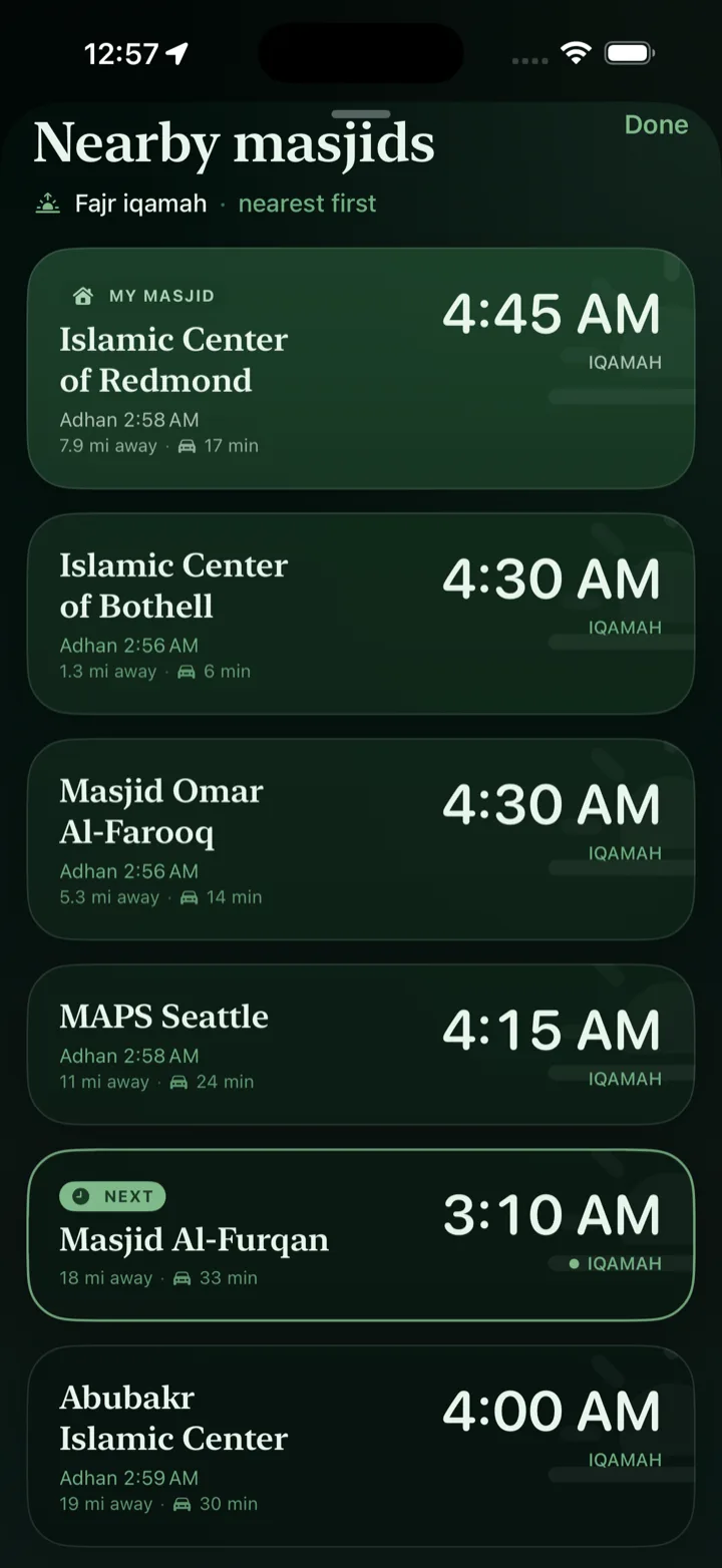 Nearby masjids in the Emerald Dusk theme