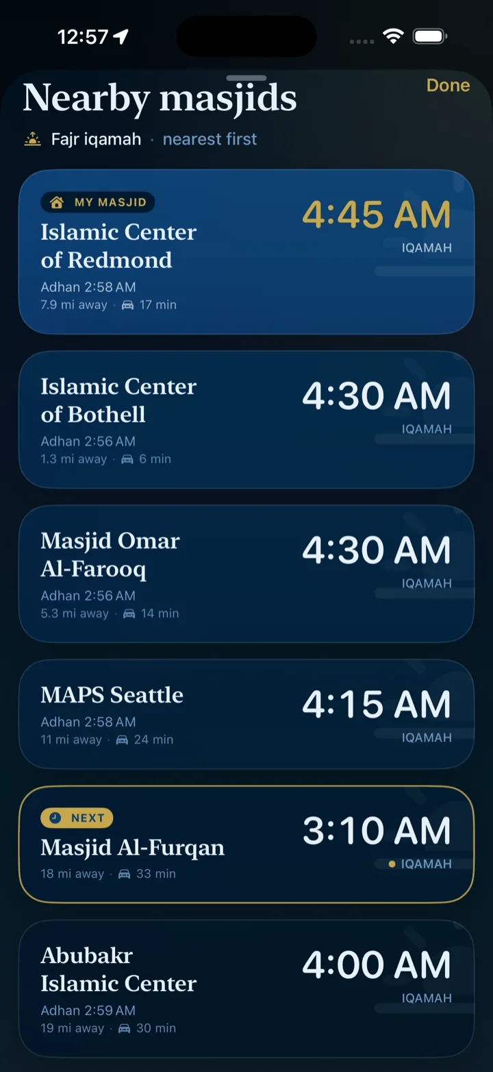 Nearby masjids in the Navy and Antique Gold theme