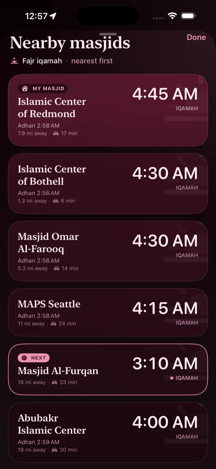 Nearby masjids in the Rose Quartz theme