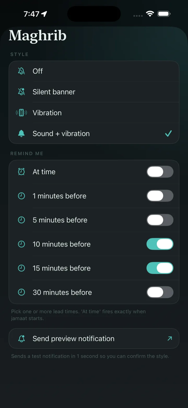Maghrib notification settings with sound style selected and 10 and 15 minutes-before reminders switched on